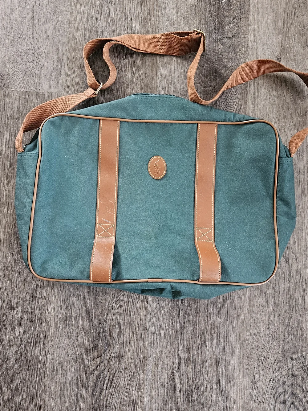Vintage Ralph Lauren Green Canvas Messenger Bag with Brown Trim